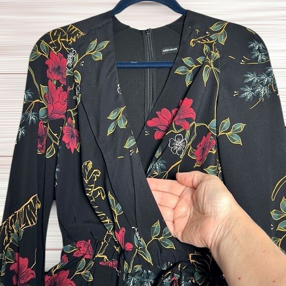 Karen Millen Faux Wrap Jumpsuit Black Tropical Floral Print Long Sleeves US 2 - Picture 7 of 14